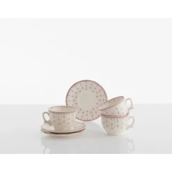 Set de 12 tazas de desayuno con platillos colección Flor de Lis Rosa