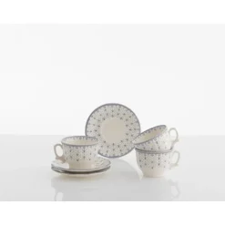 Set de 12 tazas de desayuno con platillos colección Flor de Lis Azul